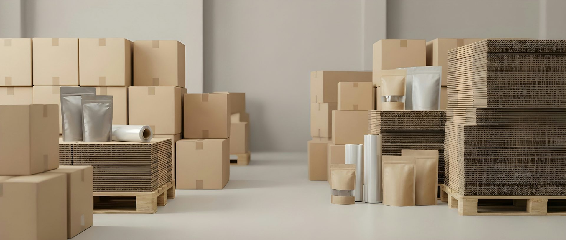 Cardboard boxes and packaging supplies in a warehouse.